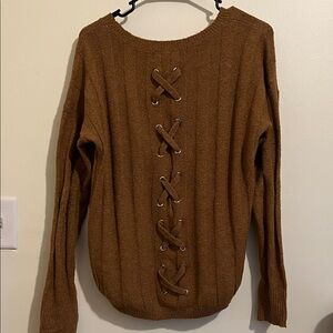 Pink Rose Tan Lace-Up Women's Sweater